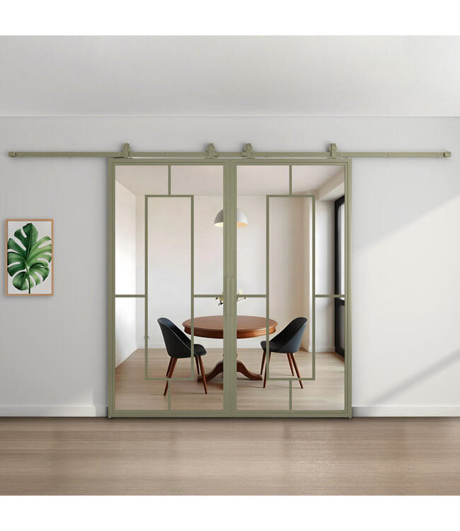 Dubbele stalen schuifdeur - Olijfgroen - 5 Vlaks - Mat glas