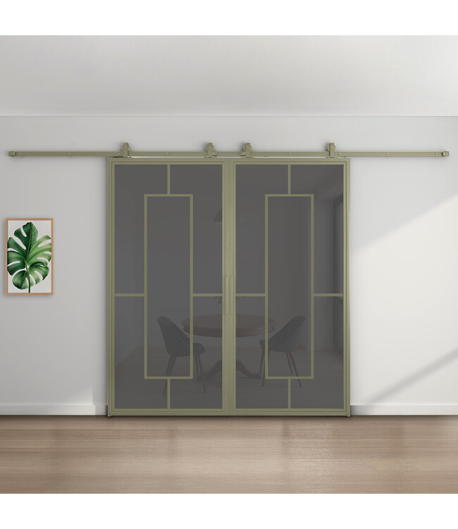 Dubbele stalen schuifdeur - Olijfgroen - 5 Vlaks - Mat glas