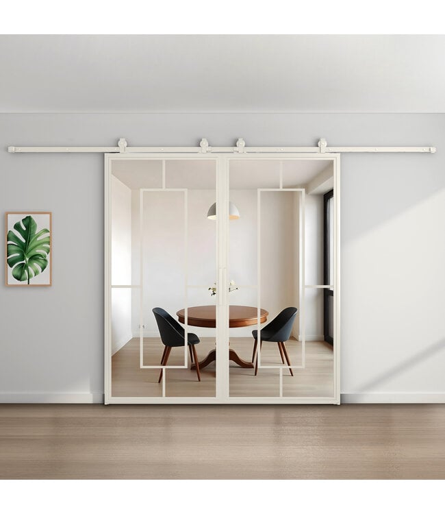 Dubbele stalen schuifdeur - Wit - 5 Vlaks - Mat glas