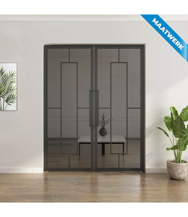 Dubbele stalen taatsdeur - Zwart - Maatwerk - 5 Vlaks - Mat glas