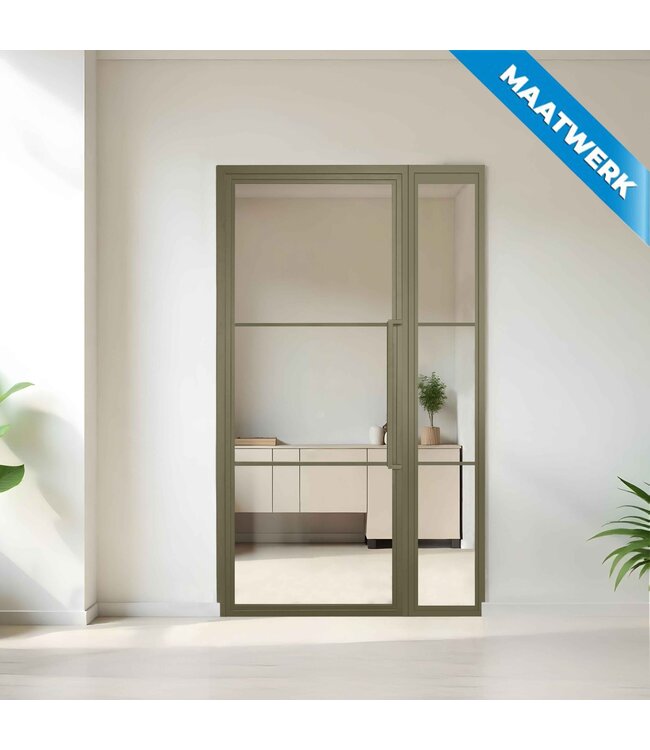 Stalen binnendeur met glaspaneel - Olijfgroen - 3 Vlaks - Maatwerk - Rook glas