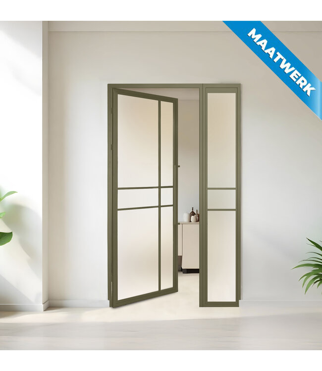 Stalen binnendeur met glaspaneel - Olijfgroen - 6 Vlaks - Maatwerk - Helder glas
