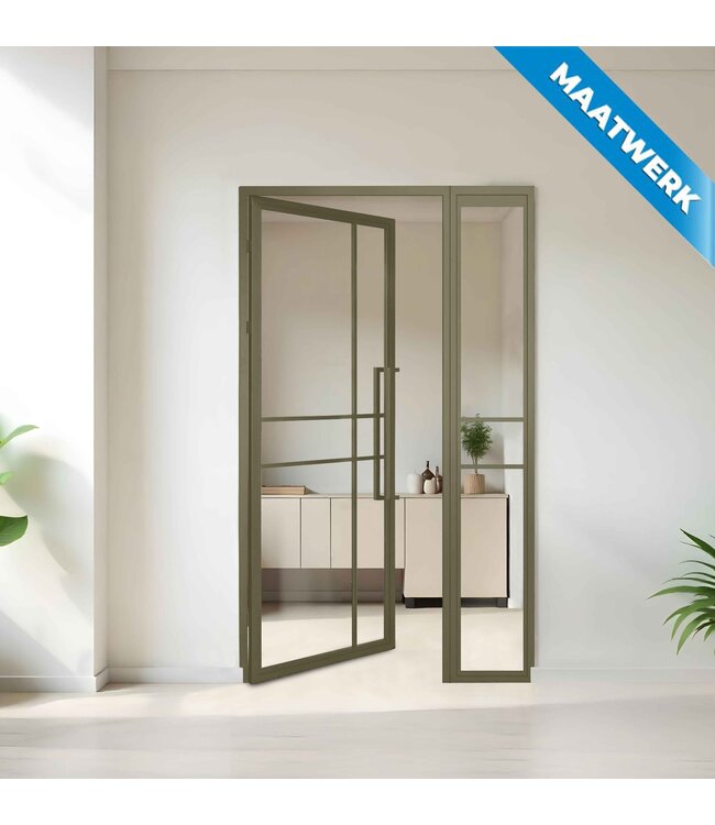 Stalen binnendeur met glaspaneel - Olijfgroen - 6 Vlaks - Maatwerk - Mat glas