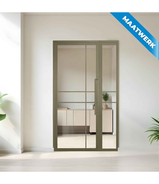Stalen binnendeur met glaspaneel - Olijfgroen - 6 Vlaks - Maatwerk - Mat glas
