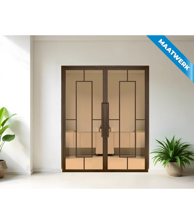 Dubbele stalen Binnendeur - Brons - 5 Vlaks - Maatwerk - Helder glas