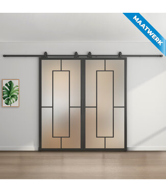 Dubbele stalen Schuifdeuren - Zwart - 5 Vlaks - Maatwerk - Mat glas