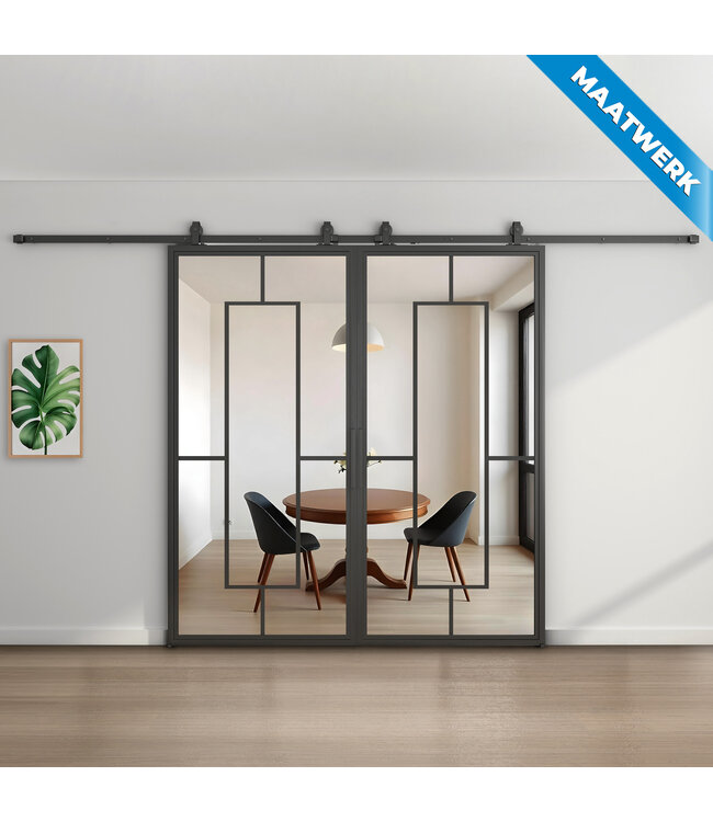 Dubbele stalen Schuifdeuren - Zwart - 5 Vlaks - Maatwerk - Rook glas