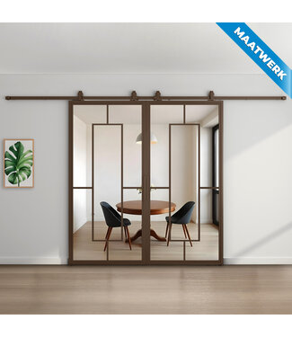 Dubbele stalen Schuifdeuren - Brons - 5 Vlaks - Maatwerk - Helder glas