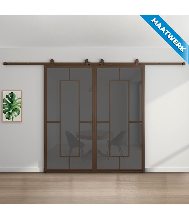 Dubbele stalen Schuifdeuren - Brons - 5 Vlaks - Maatwerk - Mat glas