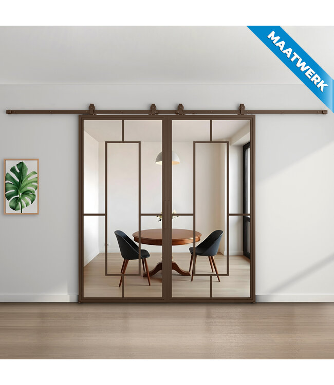 Dubbele stalen Schuifdeuren - Brons - 5 Vlaks - Maatwerk - Rook glas