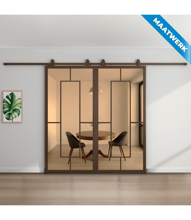 Dubbele stalen Schuifdeuren - Brons - 5 Vlaks - Maatwerk - Rook glas