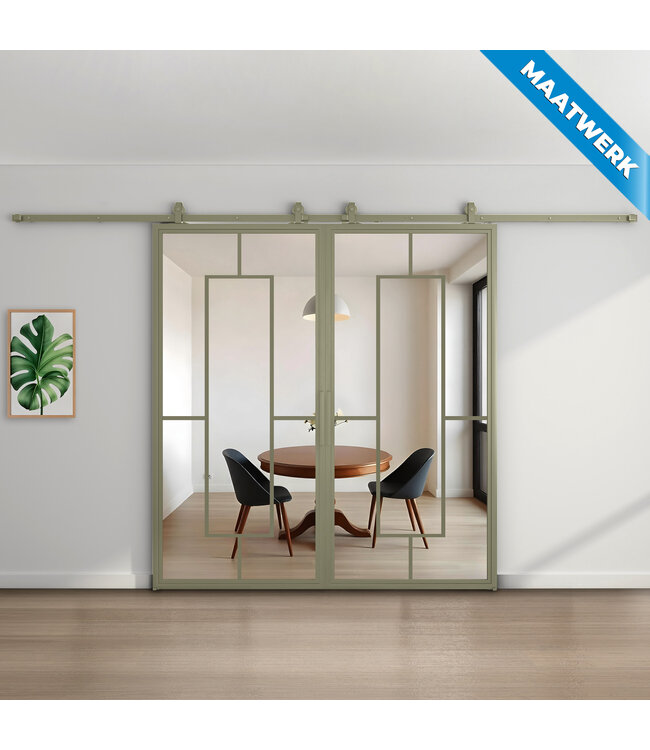 Dubbele stalen Schuifdeuren - Olijfgroen - 5 Vlaks - Maatwerk - Mat glas