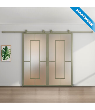 Dubbele stalen Schuifdeuren - Olijfgroen - 5 Vlaks - Maatwerk - Mat glas