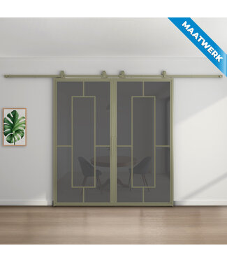 Dubbele stalen Schuifdeuren - Olijfgroen - 5 Vlaks - Maatwerk - Rook glas