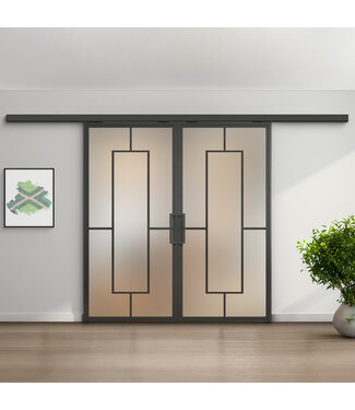 Dubbele stalen schuifdeur met koofsysteem - Zwart - 5 Vlaks - Mat glas