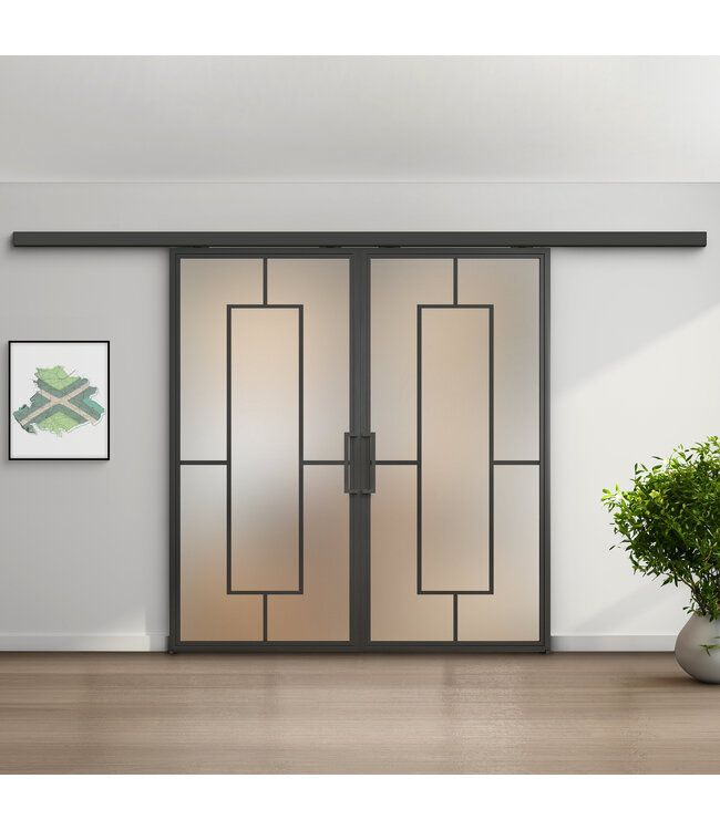 Dubbele stalen schuifdeur met koofsysteem - Zwart - 5 Vlaks - Rook glas