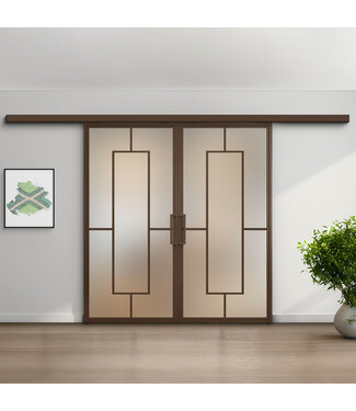Dubbele stalen schuifdeur met koofsysteem - Brons - 5 Vlaks - Mat glas