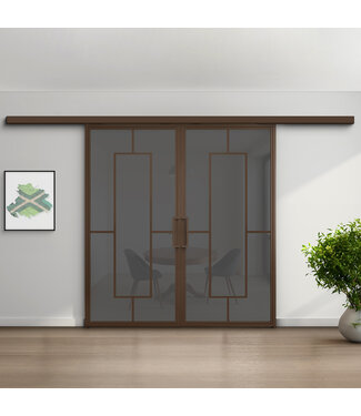 Dubbele stalen schuifdeur met koofsysteem - Brons - 5 Vlaks - Rook glas