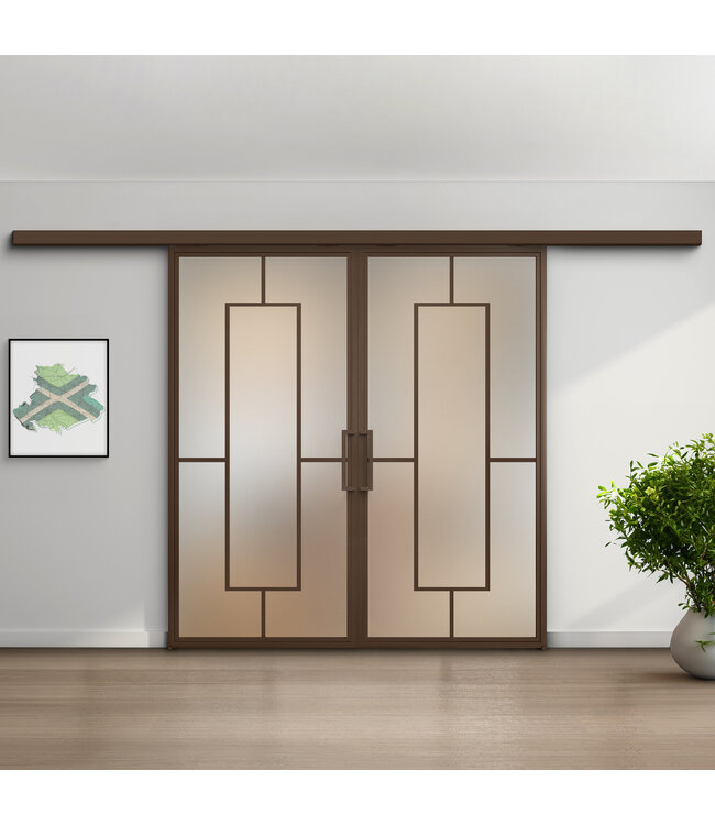 Dubbele stalen schuifdeur met koofsysteem - Brons - 5 Vlaks - Brons rook glas