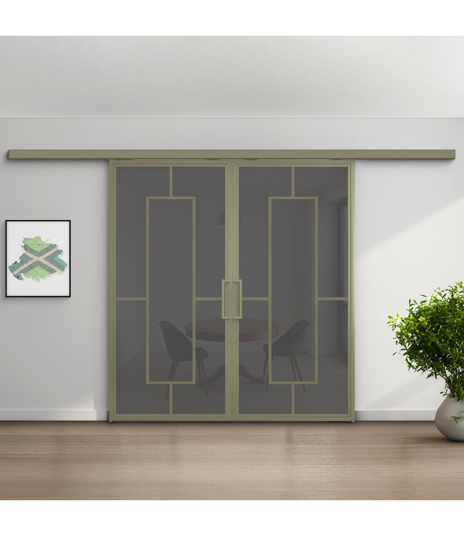 Dubbele stalen schuifdeur met koofsysteem - Olijfgroen - 5 Vlaks - Helder glas