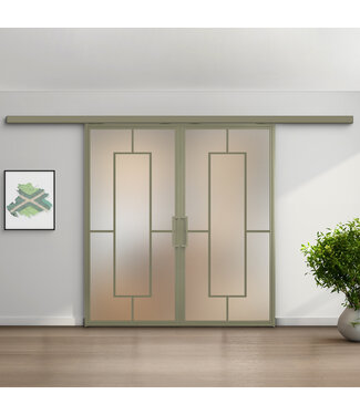 Dubbele stalen schuifdeur met koofsysteem - Olijfgroen - 5 Vlaks - Mat glas