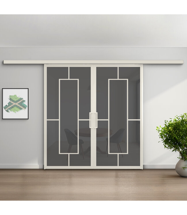 Dubbele stalen schuifdeur met koofsysteem - Wit - 5 Vlaks - Mat glas