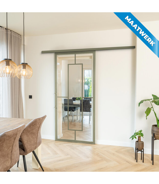 Stalen Schuifdeur met koofsysteem - Olijfgroen - 5 Vlaks - Maatwerk - Mat glas