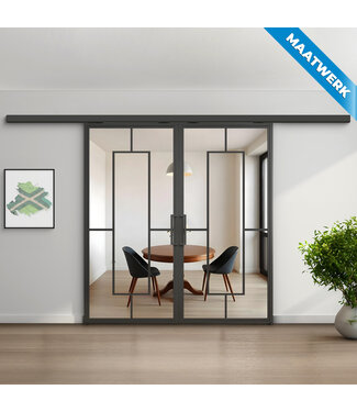Dubbele stalen Schuifdeuren met koofsysteem - Zwart - 5 Vlaks - Maatwerk - Helder glas