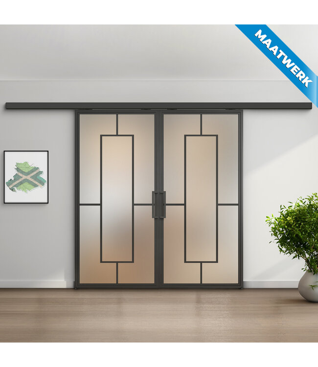 Dubbele stalen Schuifdeuren met koofsysteem - Zwart - 5 Vlaks - Maatwerk - Rook glas