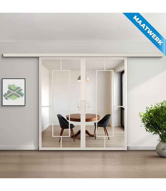 Dubbele stalen Schuifdeuren met koofsysteem - Wit - 5 Vlaks - Maatwerk - Mat glas