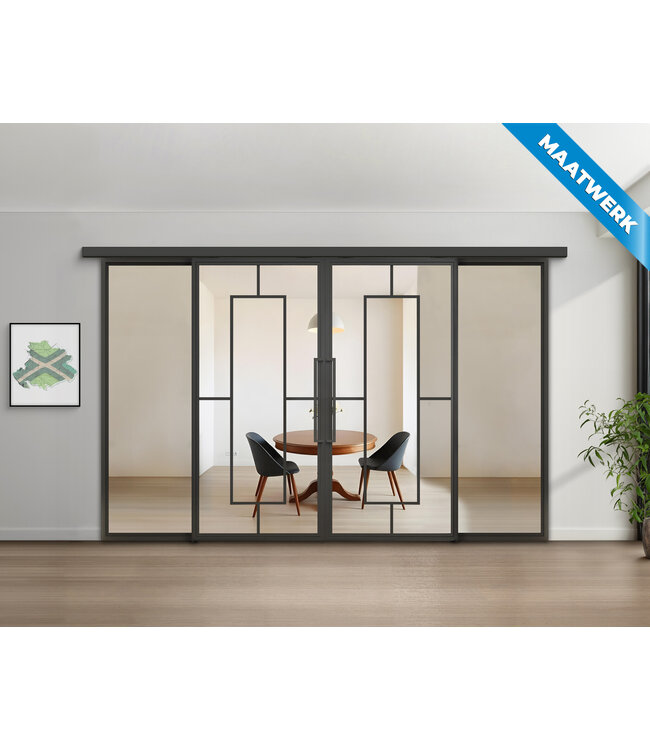 Dubbele stalen Schuifdeuren met koofsysteem en glaspanelen - Zwart - 5 Vlaks - Maatwerk - Mat glas
