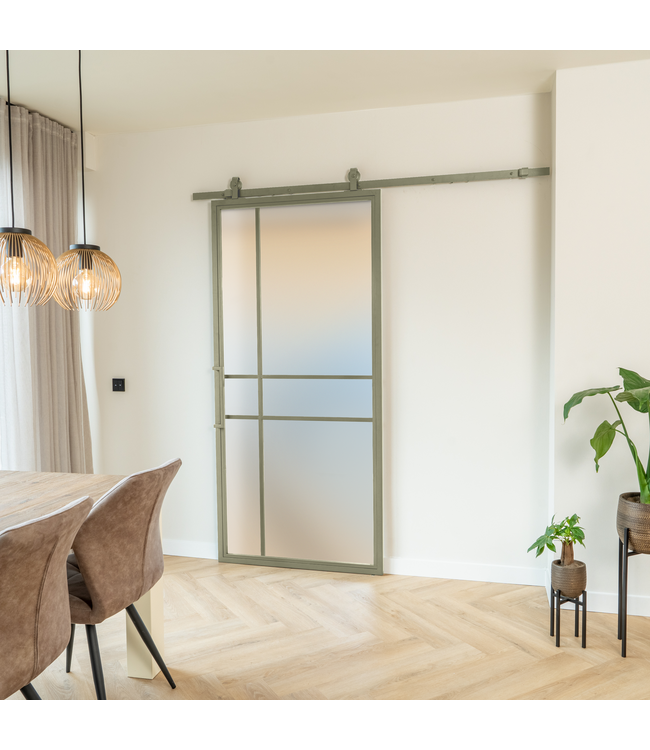 OUTLET: Stalen Schuifdeur 2066 x 800 - 6 Vlaks - Olijfgroen - Mat glas