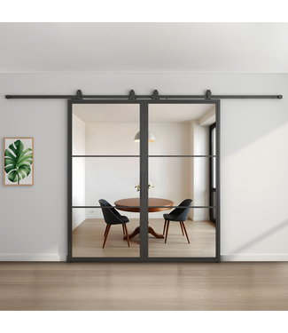 OUTLET: Dubbele Stalen Schuifdeur 2522 x 1015 - 3 Vlaks - Zwart- Helder glas