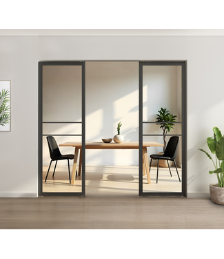 Stalen glaspaneel voor bij taatsdeur of als tussenwand, Zwart - 3 vlaks, helder glas - 2632 x 595