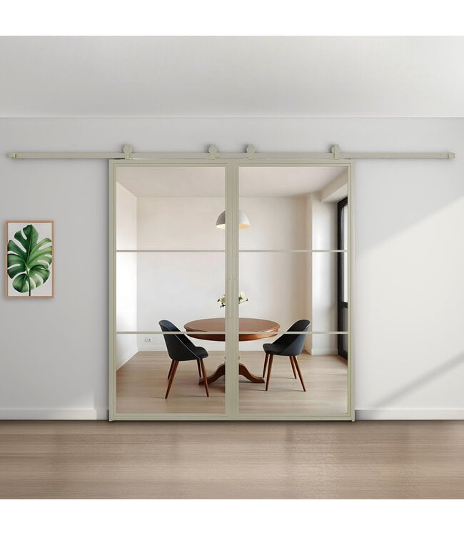 Dubbele stalen schuifdeur - Kiezelgrijs - 3 Vlaks - Mat glas