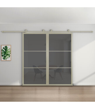 Dubbele stalen schuifdeur - Kiezelgrijs - 3 Vlaks - Rook glas