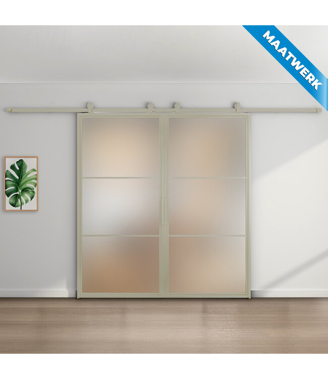 Dubbele Stalen Schuifdeuren - Kiezelgrijs - 3 Vlaks - Maatwerk - Helder glas