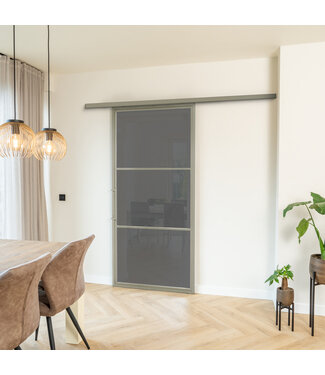 Stalen Schuifdeur met koofsysteem - Kiezelgrijs - 3 Vlaks - Rook glas