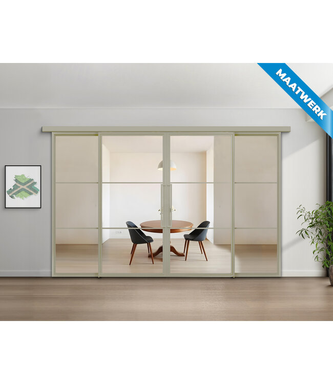 Dubbele stalen Schuifdeuren met koofsysteem en glaspanelen - Kiezelgrijs - 3 Vlaks - Maatwerk - Mat glas
