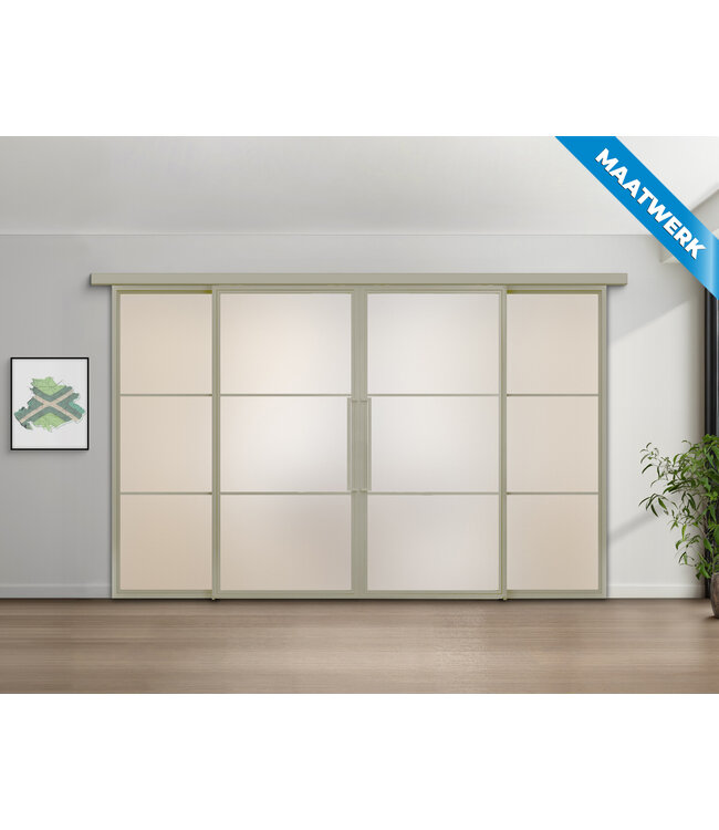 Dubbele stalen Schuifdeuren met koofsysteem en glaspanelen - Kiezelgrijs - 3 Vlaks - Maatwerk - Rook glas