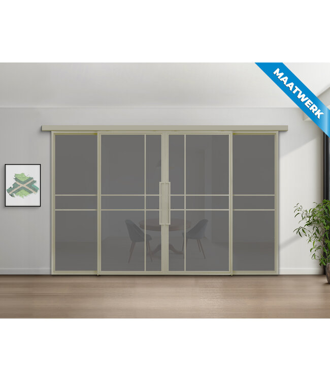 Dubbele stalen Schuifdeuren met koofsysteem en glaspanelen - Kiezelgrijs - 6 Vlaks - Maatwerk - Helder glas - Luxe design