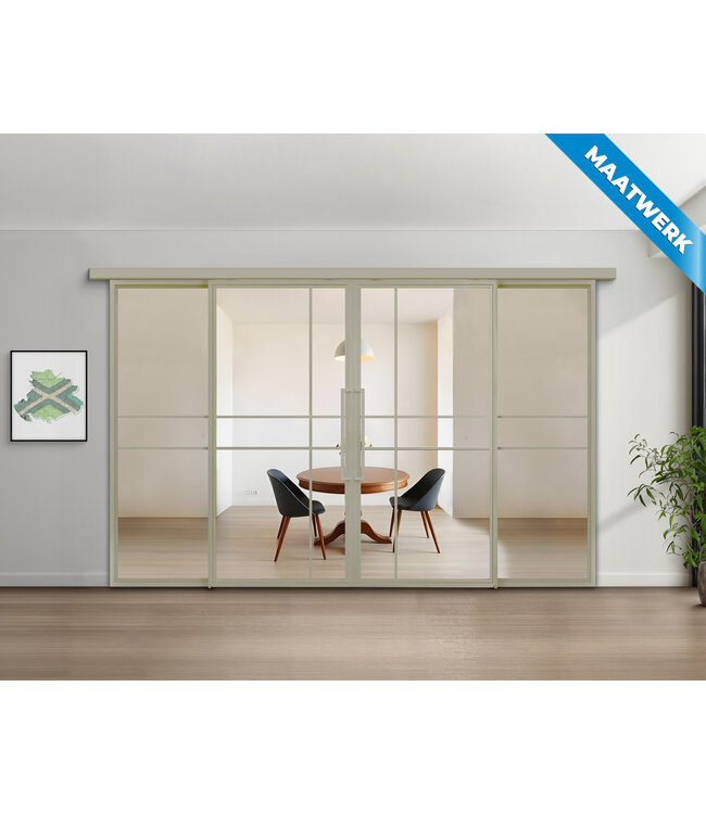 Dubbele stalen Schuifdeuren met koofsysteem en glaspanelen - Kiezelgrijs - 6 Vlaks - Maatwerk - Mat glas - Luxe design