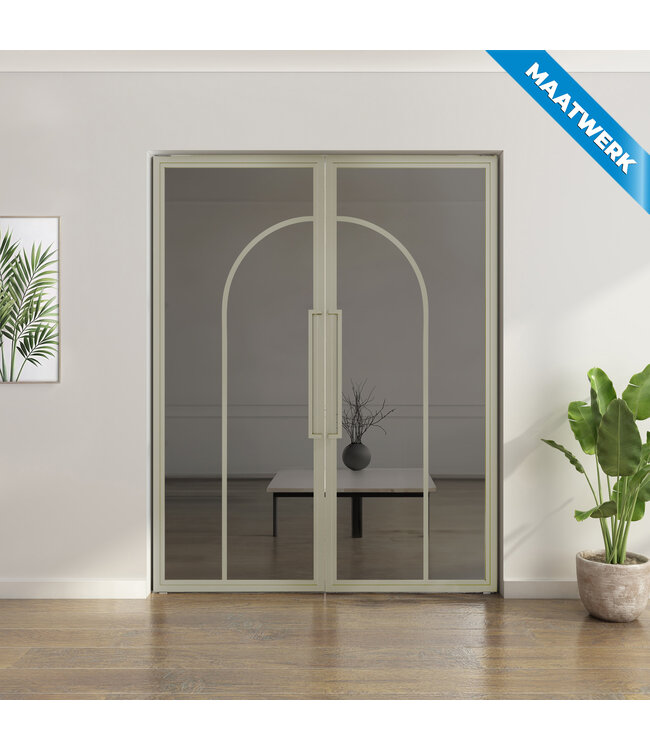 Dubbele stalen taatsdeur - Kiezelgrijs - Maatwerk - 2 Vlaks rond - Matglas