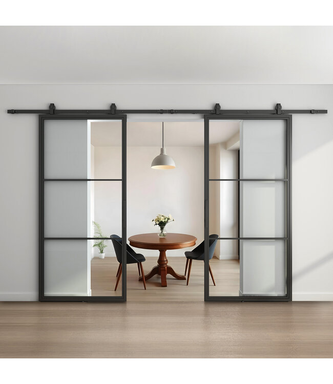 Dubbele stalen schuifdeur - 3 Vlaks - Rook glas*