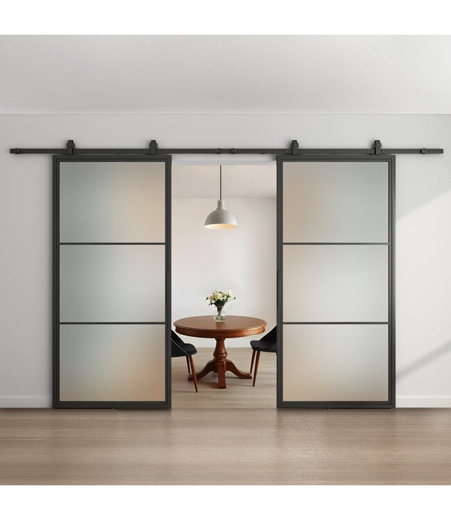 Dubbele stalen schuifdeur - Zwart - 3 Vlaks - Rook glas*