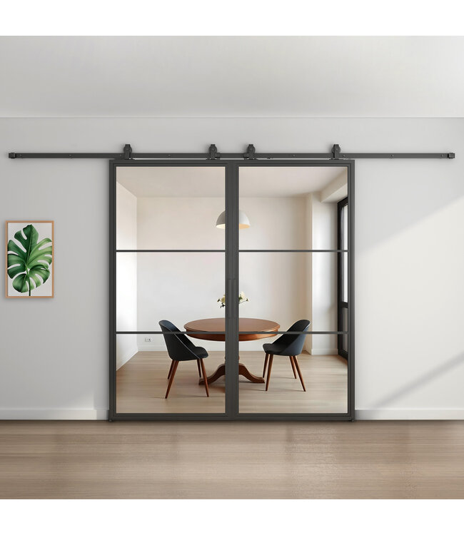 Dubbele stalen schuifdeur - 3 Vlaks - Rook glas*