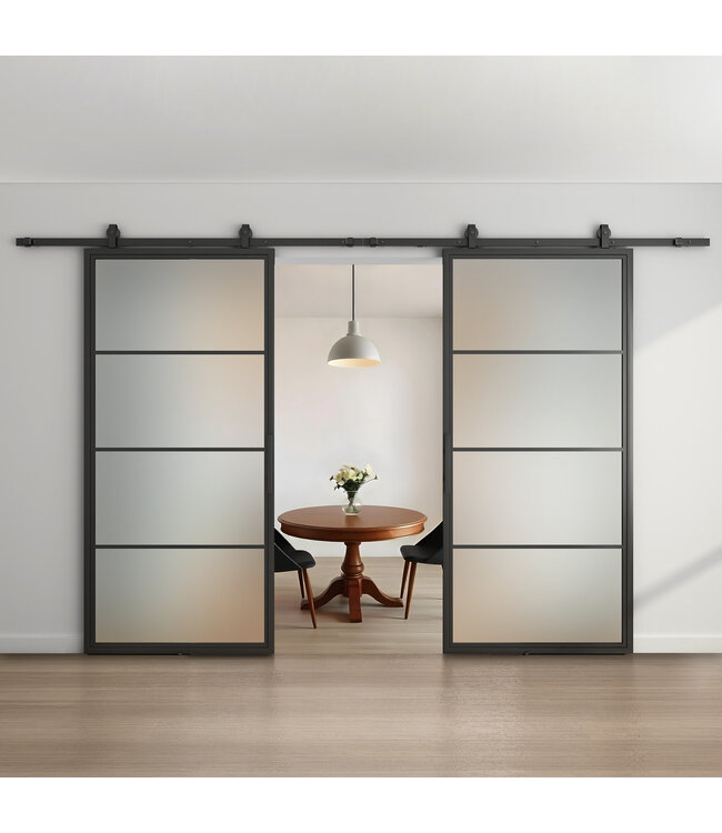 Dubbele stalen schuifdeur - Zwart - 4 Vlaks - Rook glas*