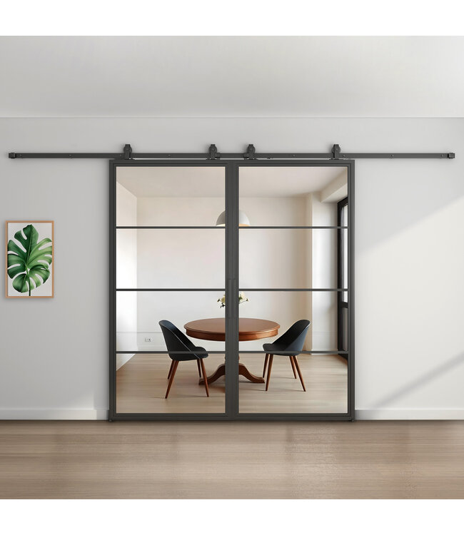 Dubbele stalen schuifdeur - Zwart - 4 Vlaks - Rook glas*