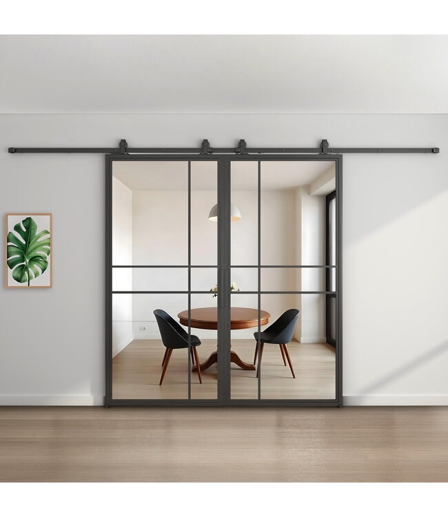 Dubbele stalen schuifdeur - 6 Vlaks - Rook glas - Luxe design*