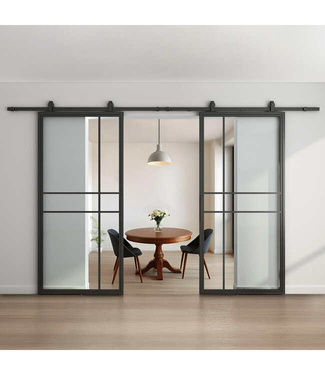 Dubbele stalen schuifdeur - 6 Vlaks - Rook glas - Luxe design*